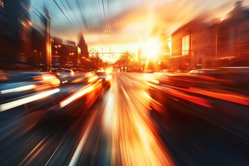 An arterial road at dawn, with motion blur showcasing the early rush of vehicles against the awakening sky - obrazy, fototapety, plakaty