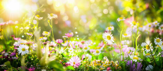 Sunlit field of vibrant wildflowers, including daisies and pink blossoms, with a bokeh background highlighting the natural beauty and colorful spring or summer atmosphere.