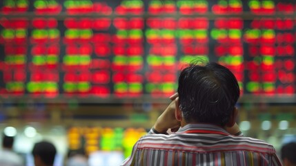 Obraz premium Man watches a large electronic stock market scoreboard displaying various colored numbers and indicators