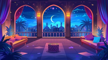 Living room interior, middle east hotel or palace, oriental design with furniture, balcony and arched windows, ancient city view at night, arab islamic dwelling, Cartoon modern illustration - obrazy, fototapety, plakaty