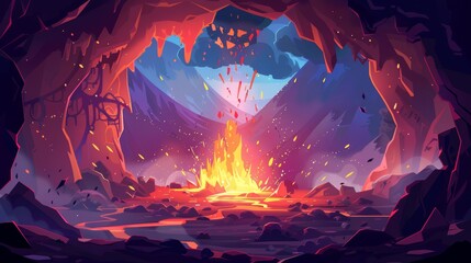 Halloween background with hellscape and steaming magma draining from volcanic mouth from volcano eruption view. Cartoon modern illustration showing nature disaster, apocalypse with liquid drain. - obrazy, fototapety, plakaty