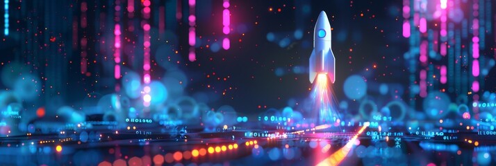 Bitcoin rocket launching from a virtual platform, surrounded by digital data streams and neon lights, capturing the essence of tech-driven finance