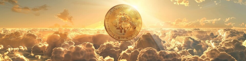 Bitcoin soaring amidst clouds, depicting the high aspirations of cryptocurrency - obrazy, fototapety, plakaty
