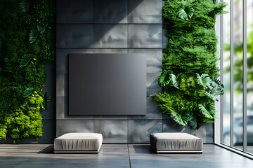Black grey marble wall office logo design mockup with modern interior design plant background