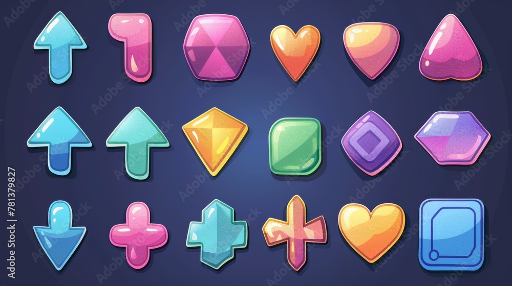Poster cartoon modern set of glossy pointers, cute arrow buttons and icons for user interface isolated on b