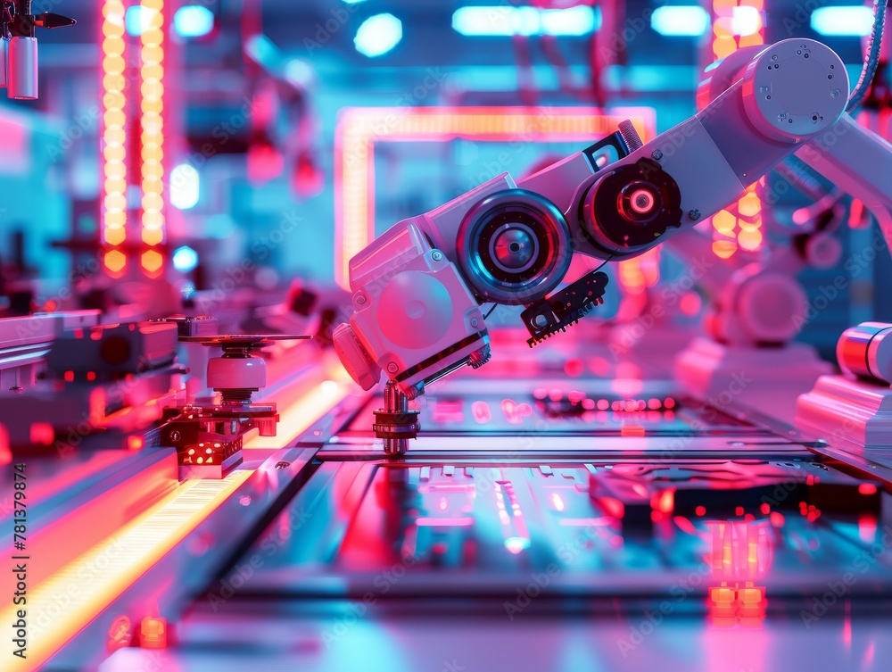 Poster close-up of a futuristic drone assembly process with high precision tools and robotic arms, in a neo