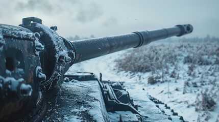 Close up shot on a tank gun pointing to the enemy in a field of snow