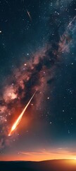 Close-up of a dazzling meteor streaking across a starry sky, with a detailed fiery tail and a backdrop of constellations, capturing the moment's beauty - obrazy, fototapety, plakaty