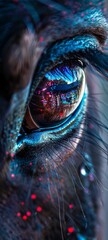Close-up of a Dark Dragon Horse's eye, reflecting a neon technicolor world, symbolizing vision and mystical insight