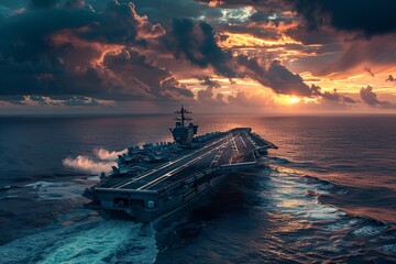 Experience the contrast of war and beauty in a breathtaking scene of an aircraft carrier ship launching jets into a dusky sky, juxtaposing the stark reality of conflict with the serene beauty  - obrazy, fototapety, plakaty