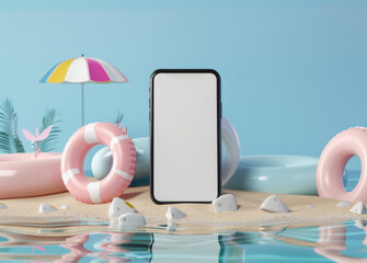Summer vacation background. Smartphone mockup with blank screen surrounded by inflatable pool floats