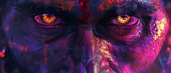 Close-up of Hanuman's face in neon technicolor, intense eyes emitting a spectrum of light, symbolizing divine power and wisdom