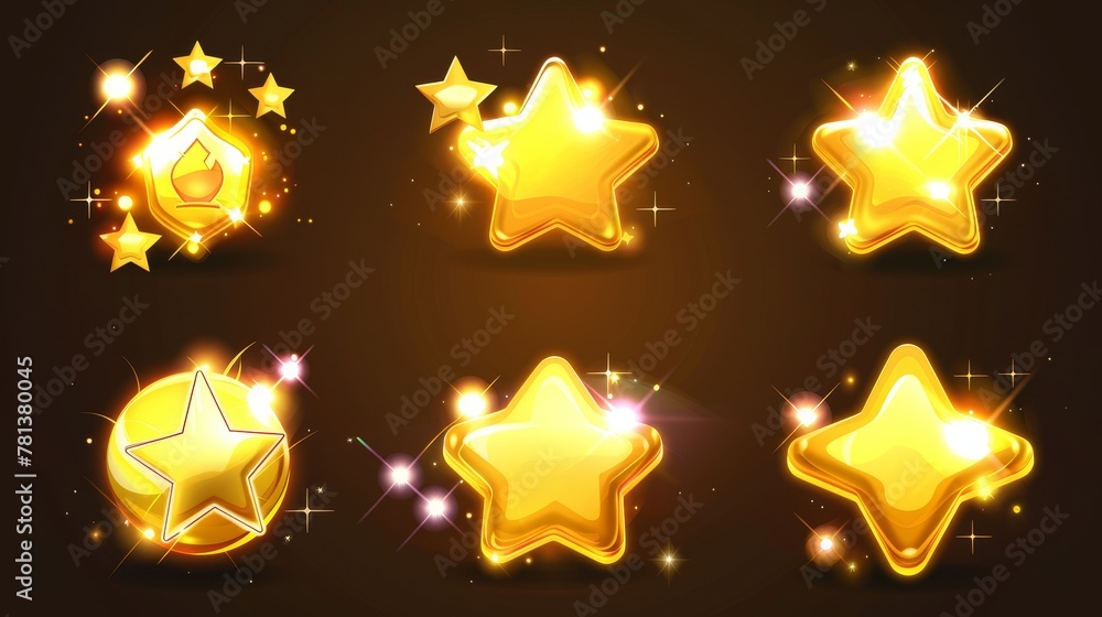 Poster game ui stars, rate design elements yellow golden glossy assets, icon set for app user interface and