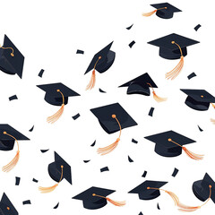Graduation caps thrown in the air in celebration on transparent background. AI generate illustration