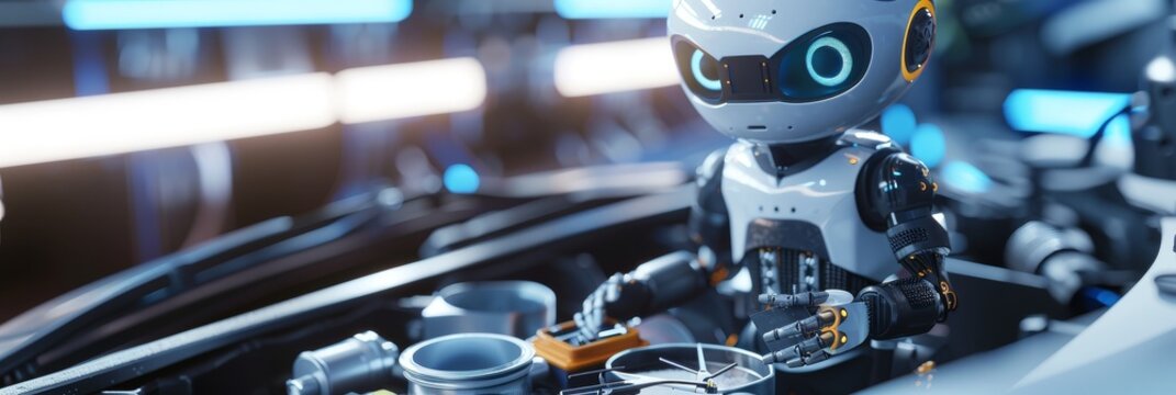 Cute robotic mechanic in 3D, fixing cars with a toolkit, whistling cheerful tunes as it works under the hood