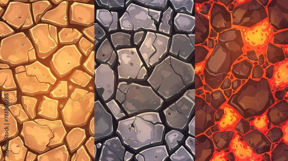 Poster an animation of a top view of stone, sand, and lava textures for a game background. a modern cartoon