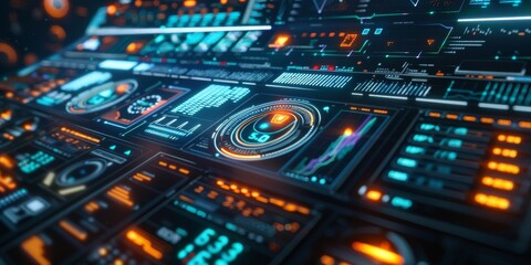 Fototapeta premium Futuristic dashboard with glowing data analytics, a cyber-tech control panel