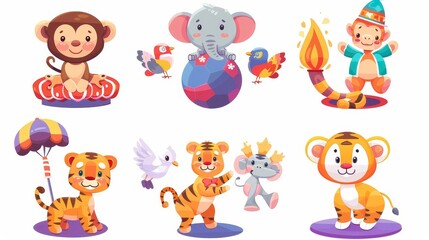 Circus animals, elephant standing on ball, monkey juggler, tiger jumping through fire ring and white doves. Modern cartoon set of funny animals performers.