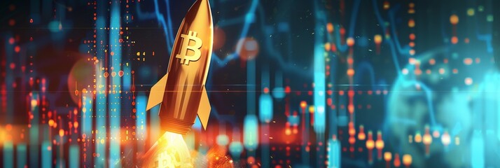 Golden rocket with bitcoin symbol launch set against a glowing stock market trend graph, depicting economic uplift and futuristic success, sharp and dynamic - obrazy, fototapety, plakaty