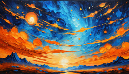 Abstract Blue Sky with Orange Celestial Patterns