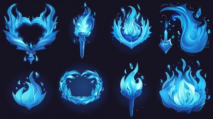 An isolated metal frame of a flame on a black background showing a blue fire burning. A modern cartoon set of magic fires depicting a heart, circle, square, or flame on a torch or candle.