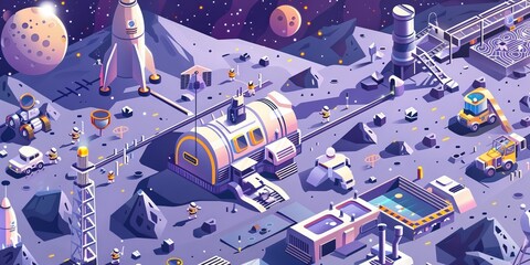 Isometric lunar base with astronauts, moon buggies, and a space elevator - obrazy, fototapety, plakaty