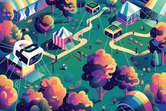 Isometric tech festival in a park with tents showcasing virtual reality gear