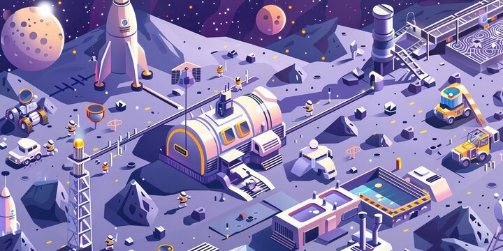 Isometric lunar base with astronauts, moon buggies, and a space elevator
