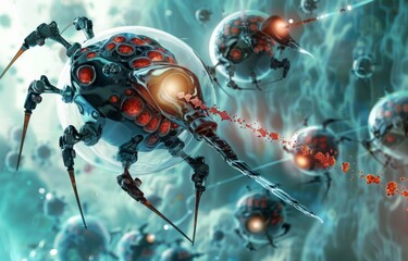 Nano-robots for medical use, capable of delivering drugs directly to cancer cells, minimizing side effects and improving treatment efficacy - obrazy, fototapety, plakaty
