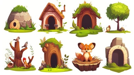 Isolated on white background, cute characters chicken and coop, fox and stump, mouse and burrow, sparrow and nest. Cartoon modern illustration.