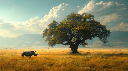 Infant rhino under a tree, African plains background with room for text, great for endangered species awareness campaigns - obrazy, fototapety, plakaty
