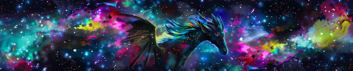 Neon technicolor Black Dragon Horse flying among the stars, its scales shimmering in a kaleidoscope of cosmic colors - obrazy, fototapety, plakaty