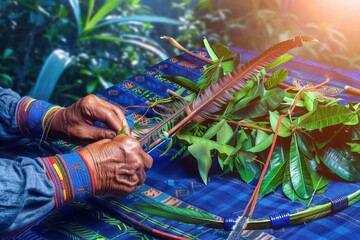 In a close-up a tribal warriors weathered hands craft an arrow - obrazy, fototapety, plakaty