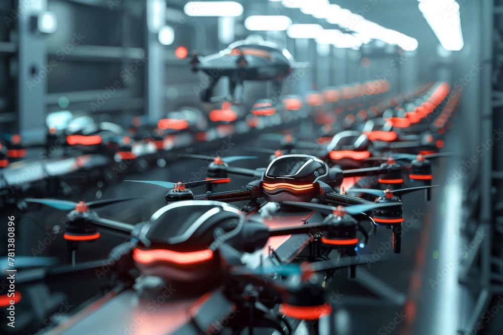 Aufkleber sleek futuristic drones on a conveyor belt in a high-tech assembly line, with robotic arms and led l