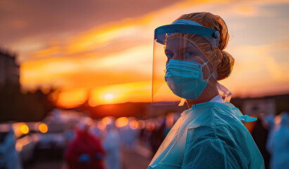 Female healthcare worker in protective gear at sunset
