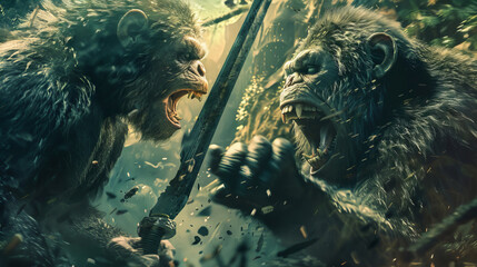 Monkeys and humans locked in an epic battle with fierce expressions and dramatic lighting - obrazy, fototapety, plakaty