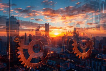 Sunset over city with translucent gears, representing strategic business growth