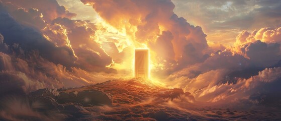 Surreal landscape where a lone door stands on a hill, illuminated by celestial light, representing a holy gateway to success - obrazy, fototapety, plakaty