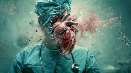 Surgeon in scrubs, head exploding into an anatomical heart and stethoscopes, against an OR backdrop - obrazy, fototapety, plakaty