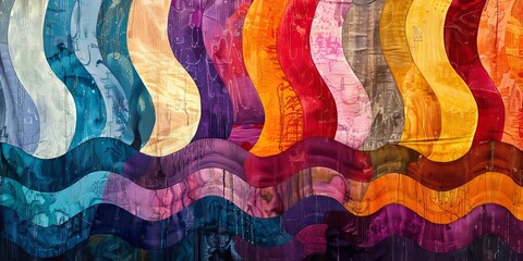Textile art featuring a spectrum of hues on serpentine patterns