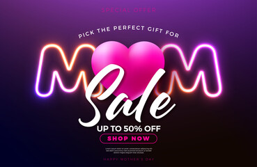 Mother's Day Sale Banner Design with Heart and Glowing Neon Light Lettering on Purple Background. Vector Seasonal Discount Offer Illustration with Typography for Voucher, Online Ads, Flyer, Invitation