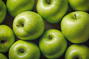 Background from a group of green apples on a counter at the market. Background with a group of green apples