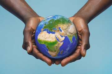 Afro person holds the Earth between their hands isolated on light blue background. Concept of responsibility and care for the planet