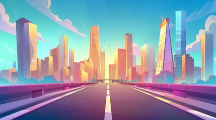 A modern cityscape with a bridge and skyscrapers, a modern cityscape with a road and skyscrapers, cartoon illustration showing a city skyline view from a bridge.