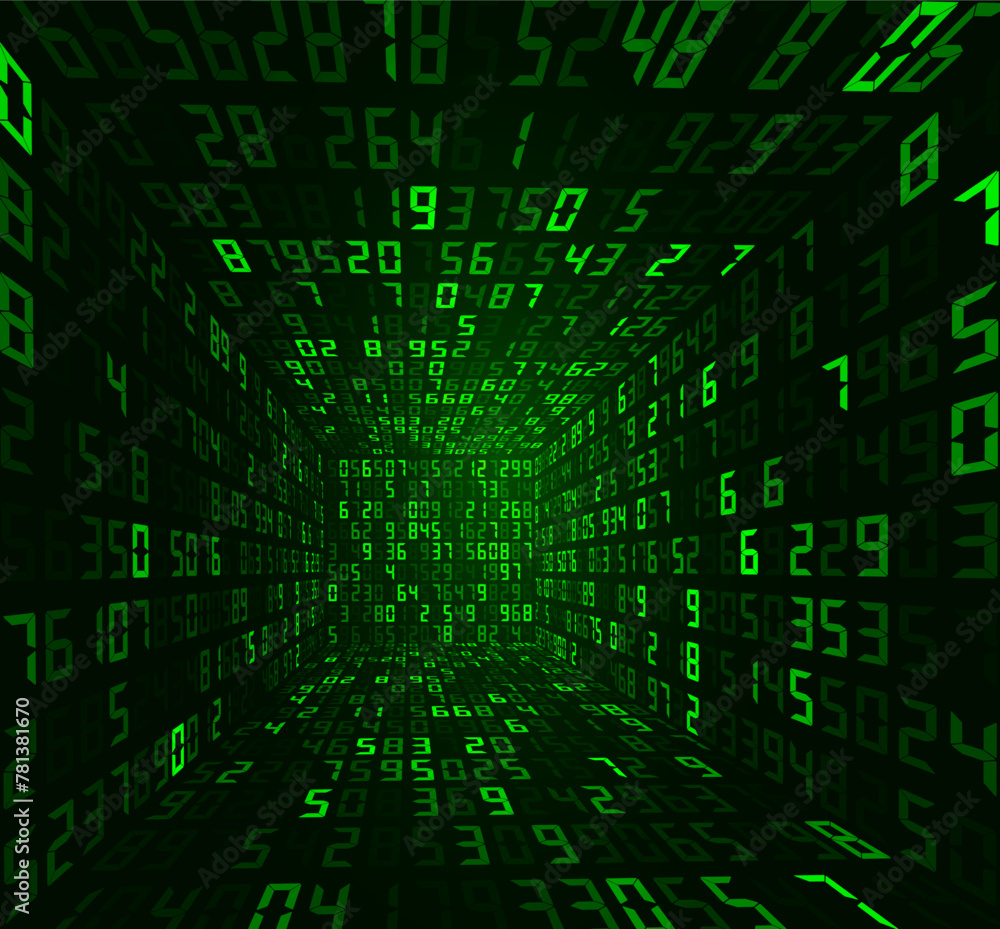 Fototapete Big Data 3D Matrix Digital Numbers. Quantum Computer CPU Core Code Concept Background. 3D Blockchain Cube Blocks Concept. Data Sorting. Artificial Intelligence. Vector Illustration.