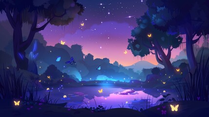 The night magic forest with glowing fireflies and butterflies over a mystic purple pond under trees, a wood landscape with moonlight falling on the water surface, a landscape at midnight, is