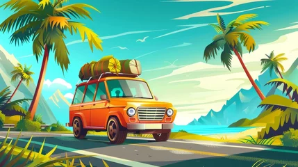 Foto auf Glas Holidays travel by vehicle in tropical landscape driving along highway with palm trees by sides. Camping with family, cartoon modern illustration. © Mark