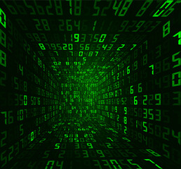 Big Data 3D Matrix Digital Numbers. Quantum Computer CPU Core Code Concept Background. 3D Blockchain Cube Blocks Concept. Data Sorting. Artificial Intelligence. Vector Illustration.