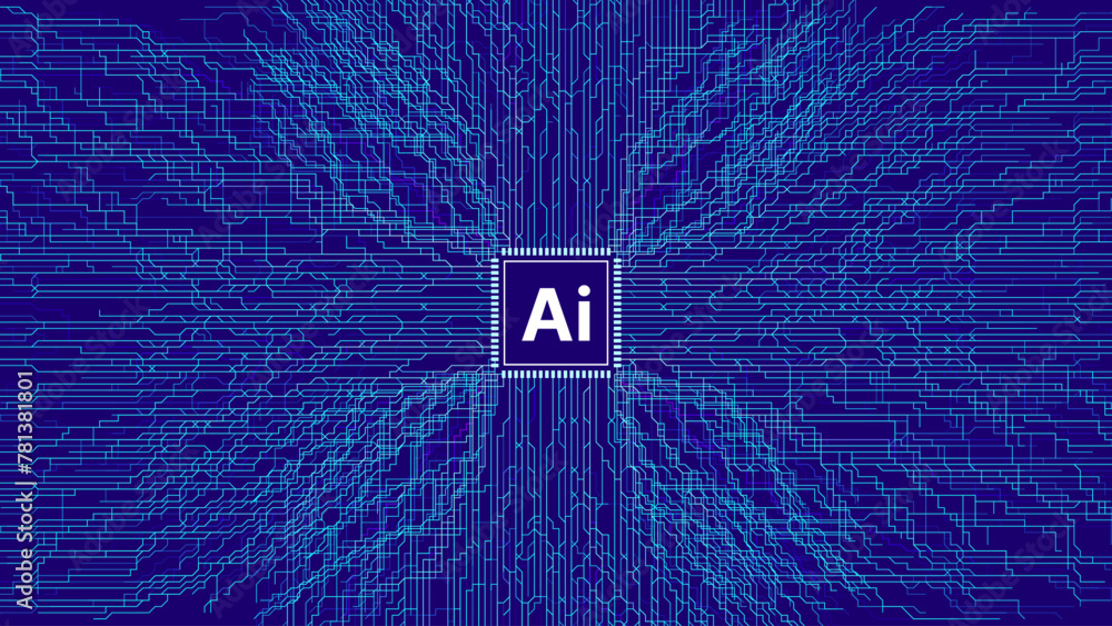 Poster Artificial Intelligence Cyber Background. Dark AI Technology Concept. Abstract CPU Microchip Technology Circuit Board Background. Digital Data Transfer through Tech Lines Vector Illustration.