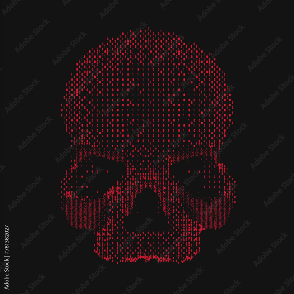 Fototapete Skull Binary ASCII Art. Ones and Zeroes. Danger Piracy Sign of Binary Numbers. Hacking, DDOS Attack Spam Scam Ransomware Malware Data Breach Computer Virus Concept. Vector Illustration.